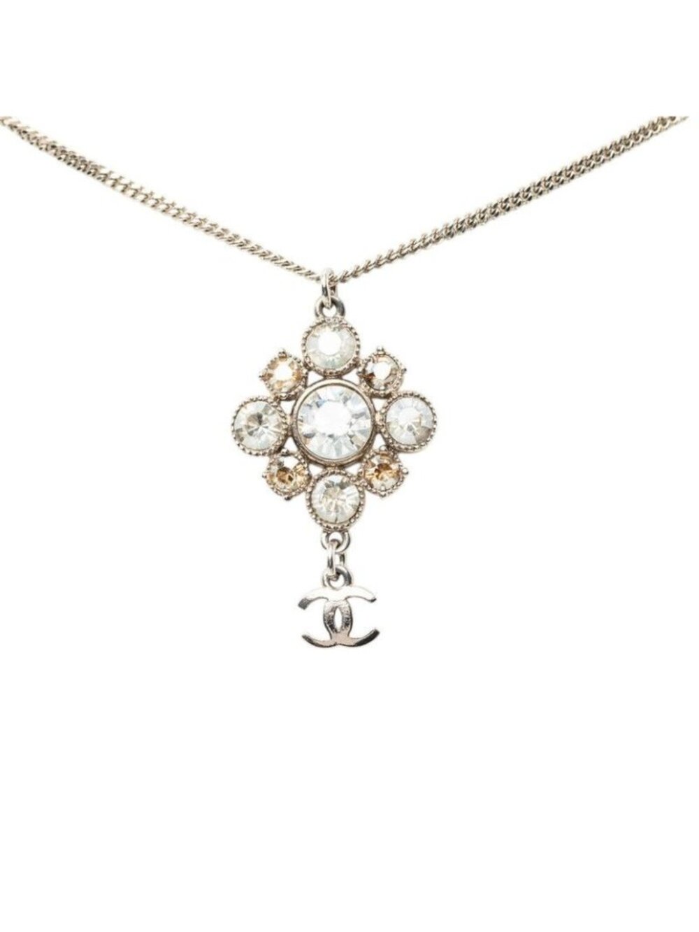 Chanel CC Logo Flower Motif Pendant Silver Rhinestone Metal